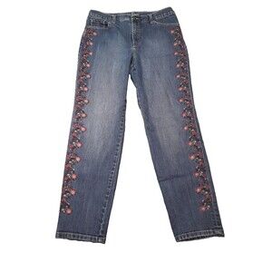 Gloria Vanderbilt Amanda Jeans Embroidered Floral Slimming Blue Denim Size 12